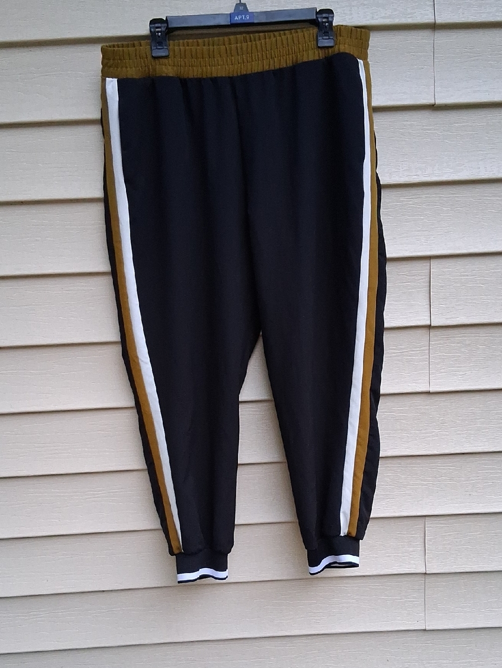 Zara Black Track Pants with White and Mustard‎ Stripes